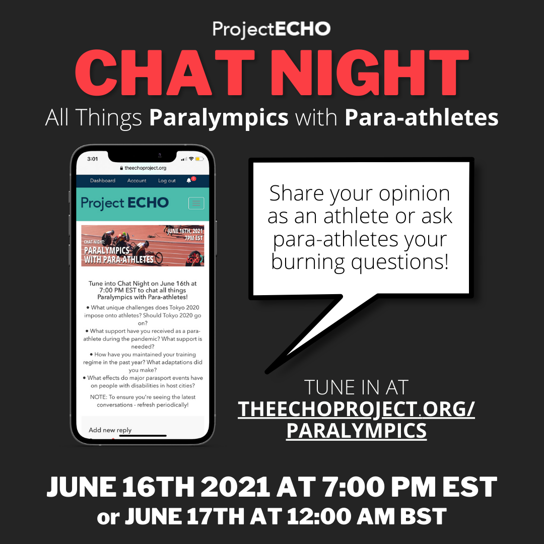 Image reading "Chat Night: All Things Paralympics with Para-athletes your Burning Questions". Image of phone with speech bubble reading "Share your opinion as an athlete or ask para-athletes". Text reading date of event and url.