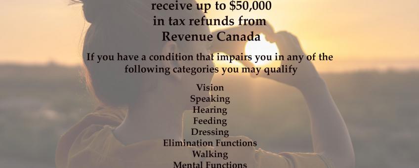 Graphic for Canadian Disability Advocates advert. tell 4164581855 or 1882320232. We are here to help Canadians recieve up to $50 000 in tax refunds from Revenue Canada. 